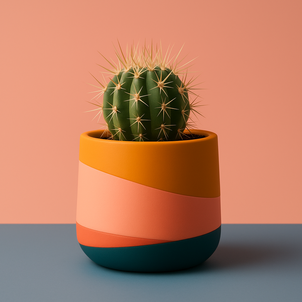 A professional product photograph of a small cactus in a modern ceramic pot with colorful horizontal stripes