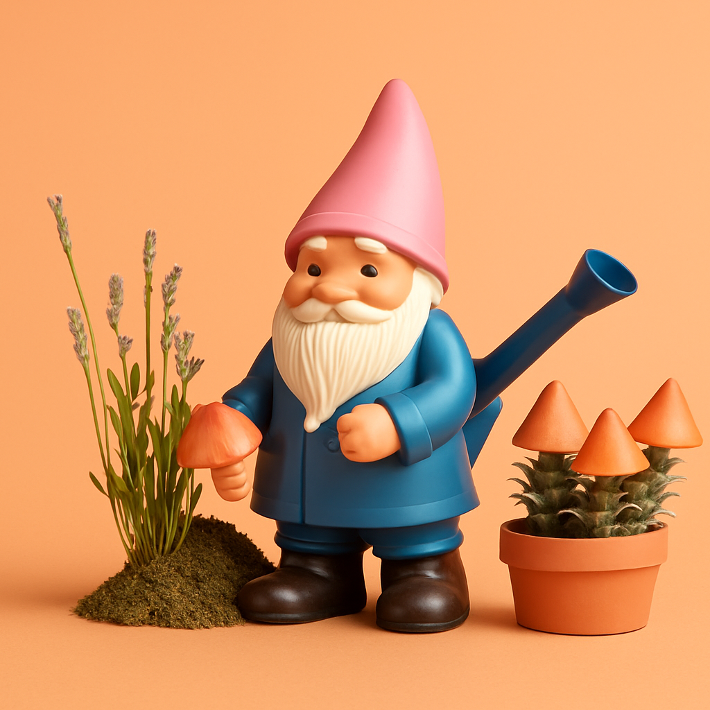 Garden gnome with matching birdhouse background and shadow