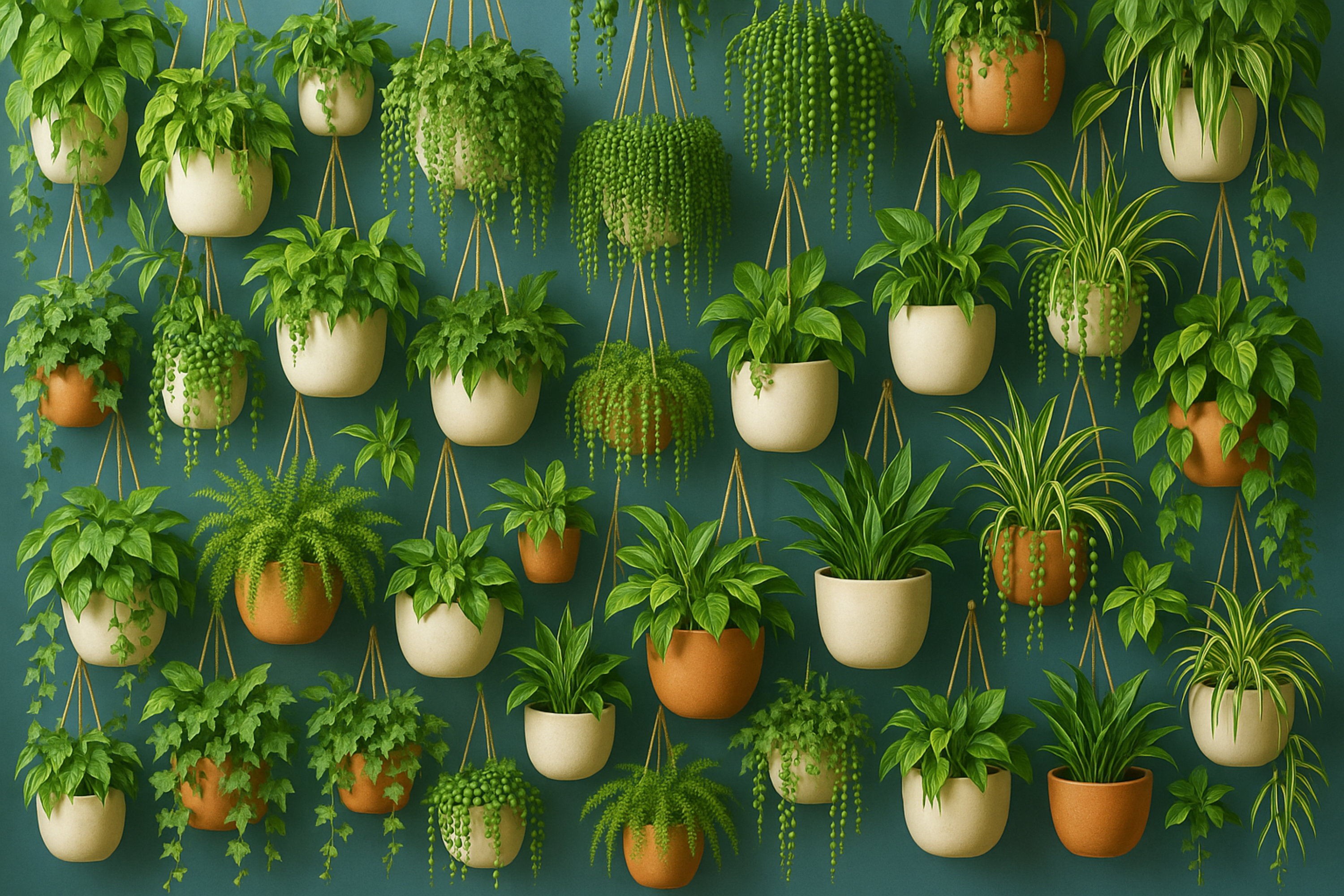 Plant wall with abundant hanging plants in ceramic planters on blue background