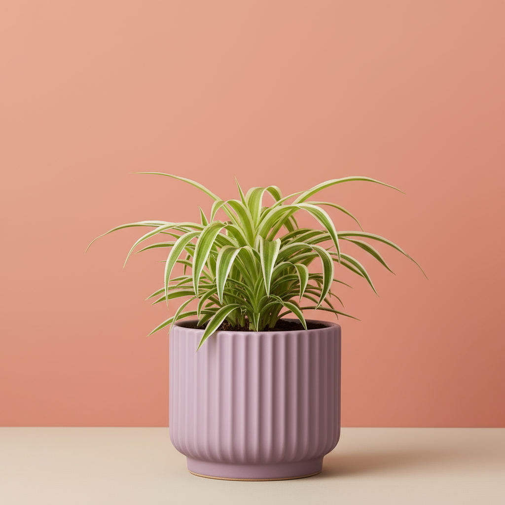 Young spider plant in lavender ribbed ceramic pot